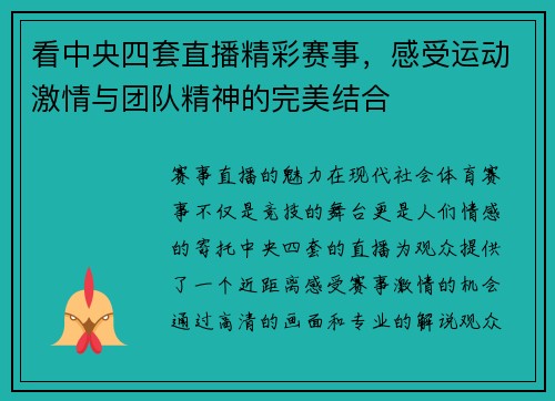 看中央四套直播精彩赛事，感受运动激情与团队精神的完美结合