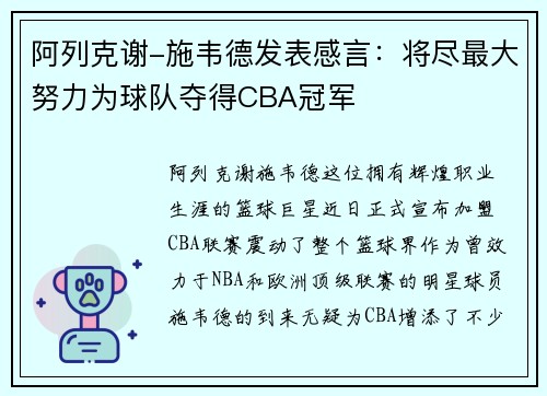阿列克谢-施韦德发表感言：将尽最大努力为球队夺得CBA冠军