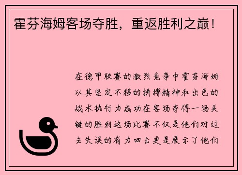 霍芬海姆客场夺胜，重返胜利之巅！