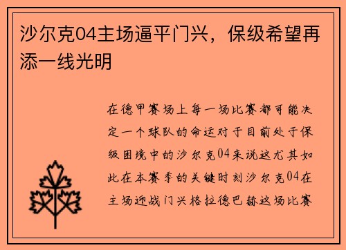 沙尔克04主场逼平门兴，保级希望再添一线光明